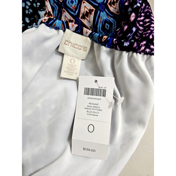Chico's ~Size 0 (S)~ Blue Multi Maxi Pleasant Dress Off-shoulders NWT $139.00 - Picture 10 of 12